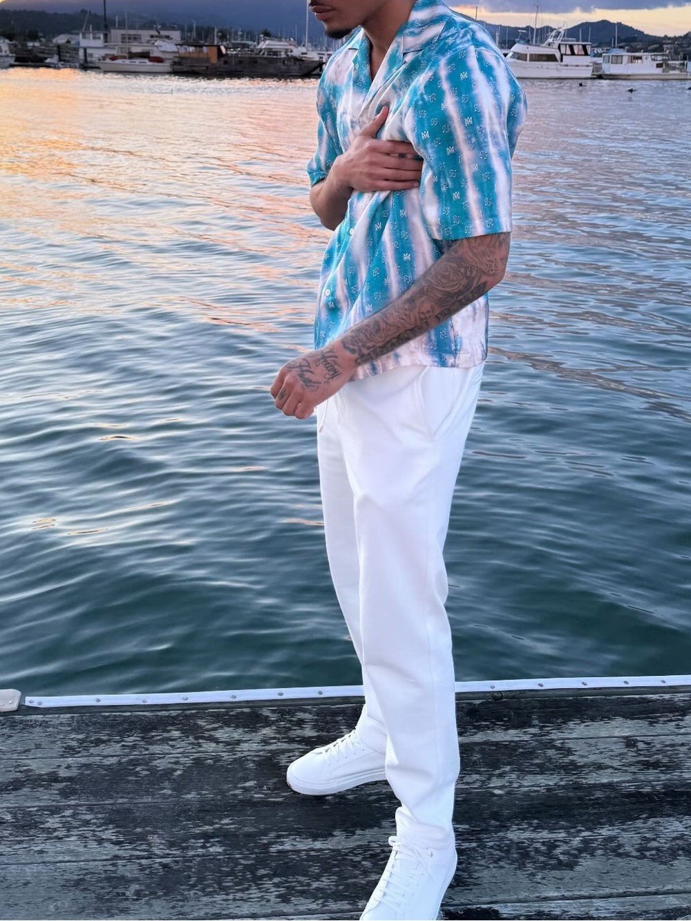 AMIRI Teal and Cream Tie-Dye Short Sleeve Button Down Shirt 100% Silk